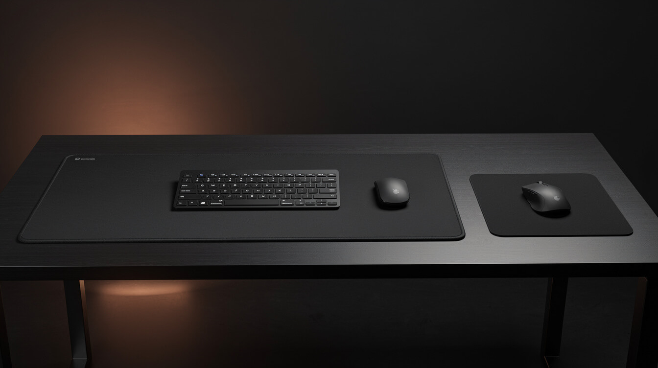 custom desk mat versus mouse pad size comparison on dark desk