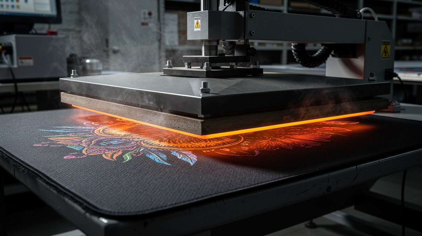 sublimation heat press printing process on rubber-backed polyester desk mat