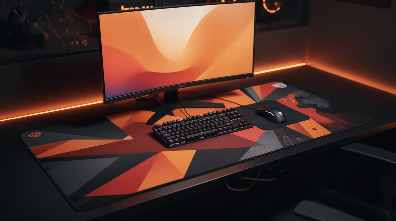 gaming setup with custom desk mat covering full desk surface
