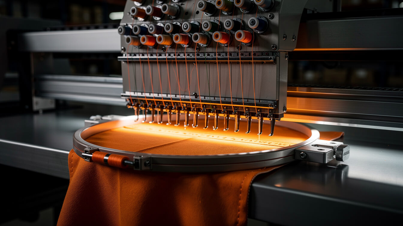 multi-head embroidery machine stitching a patch on twill