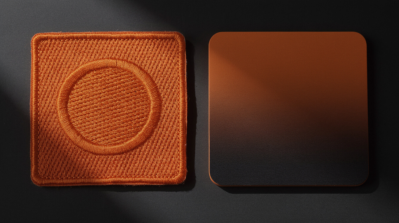 raised satin stitch texture beside a smooth sublimated patch surface