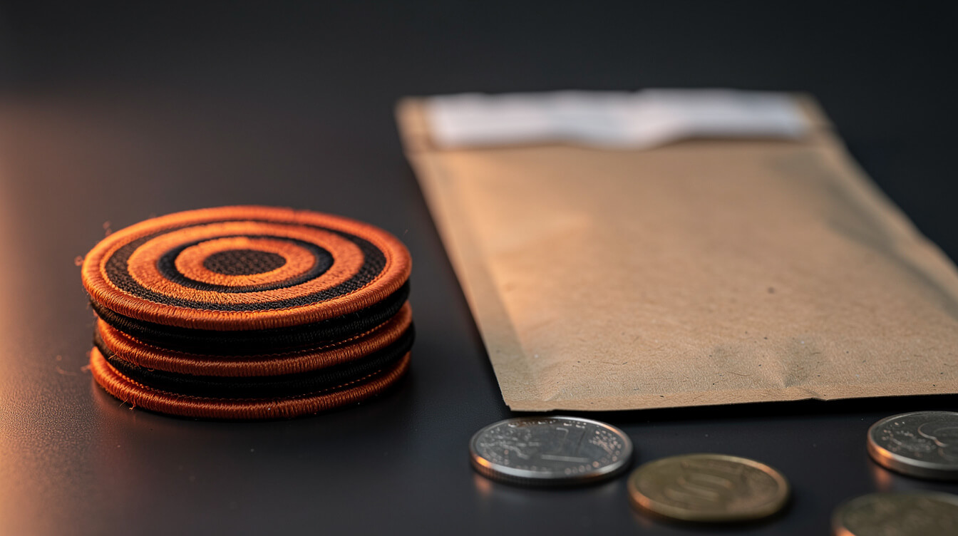 stack of embroidered patches beside a shipping mailer and coins