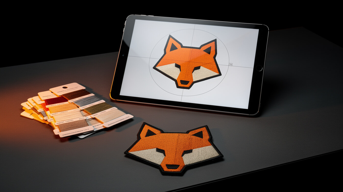 geometric fox patch design on a tablet with thread color swatches