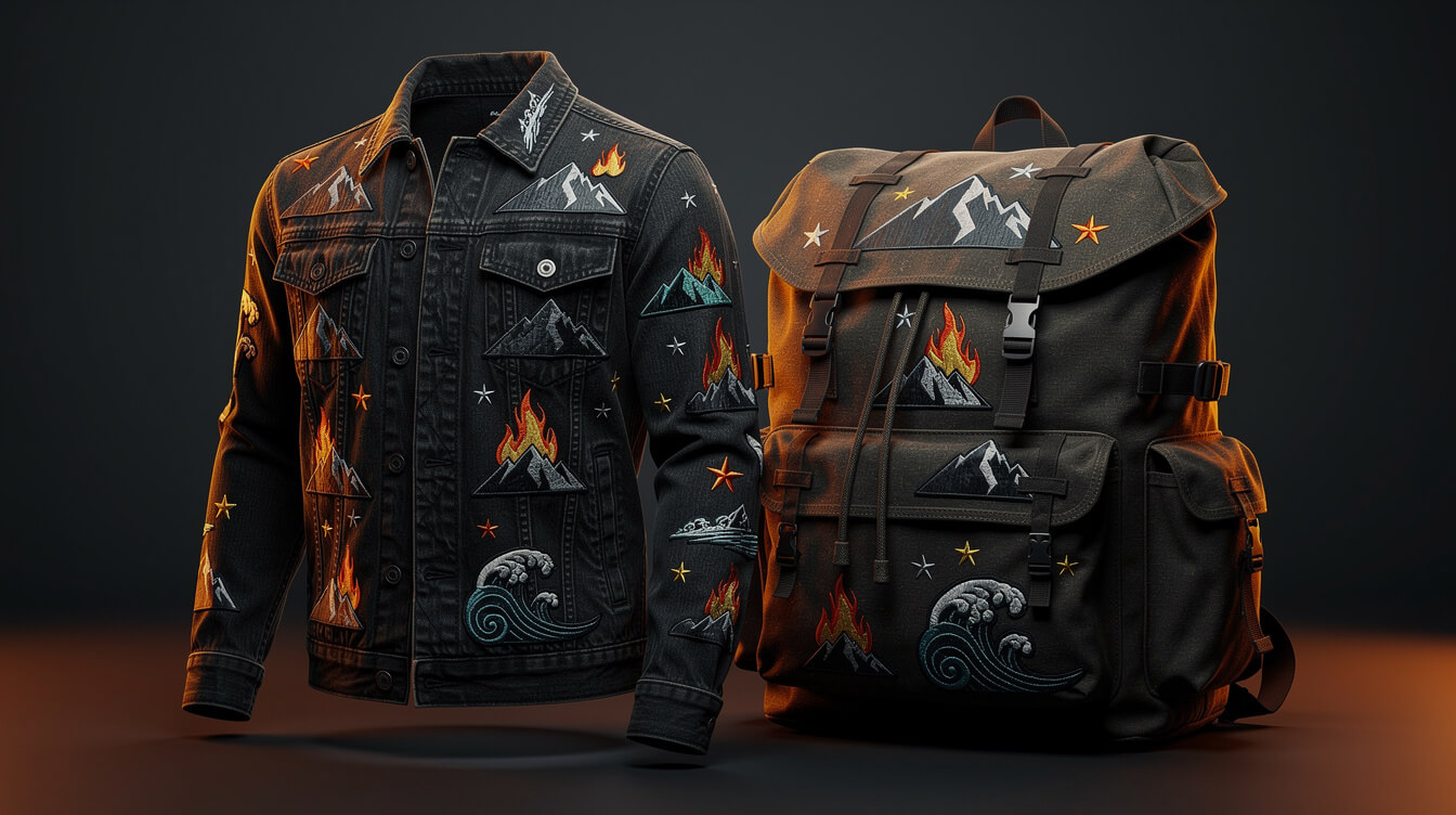 denim jacket and backpack decorated with embroidered patches