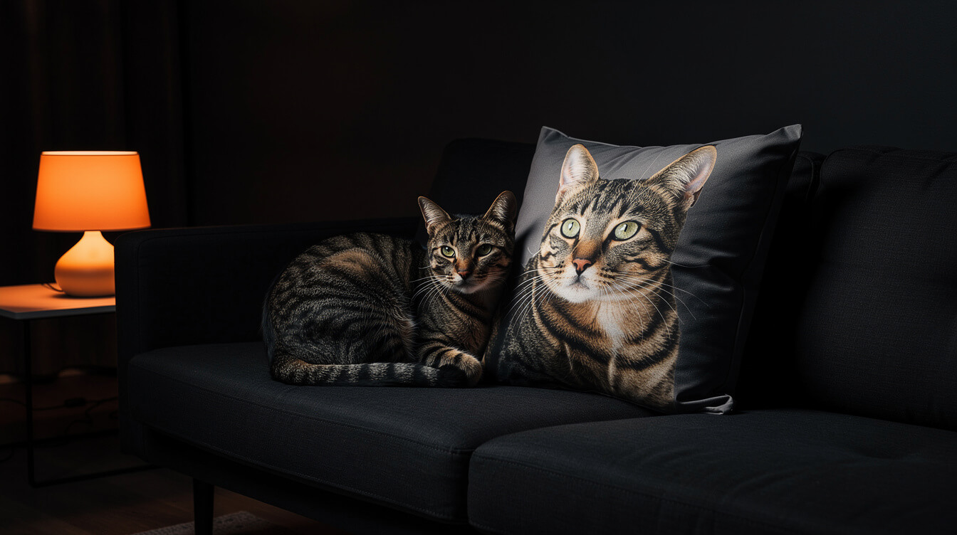 pet portrait custom face pillow on a sofa
