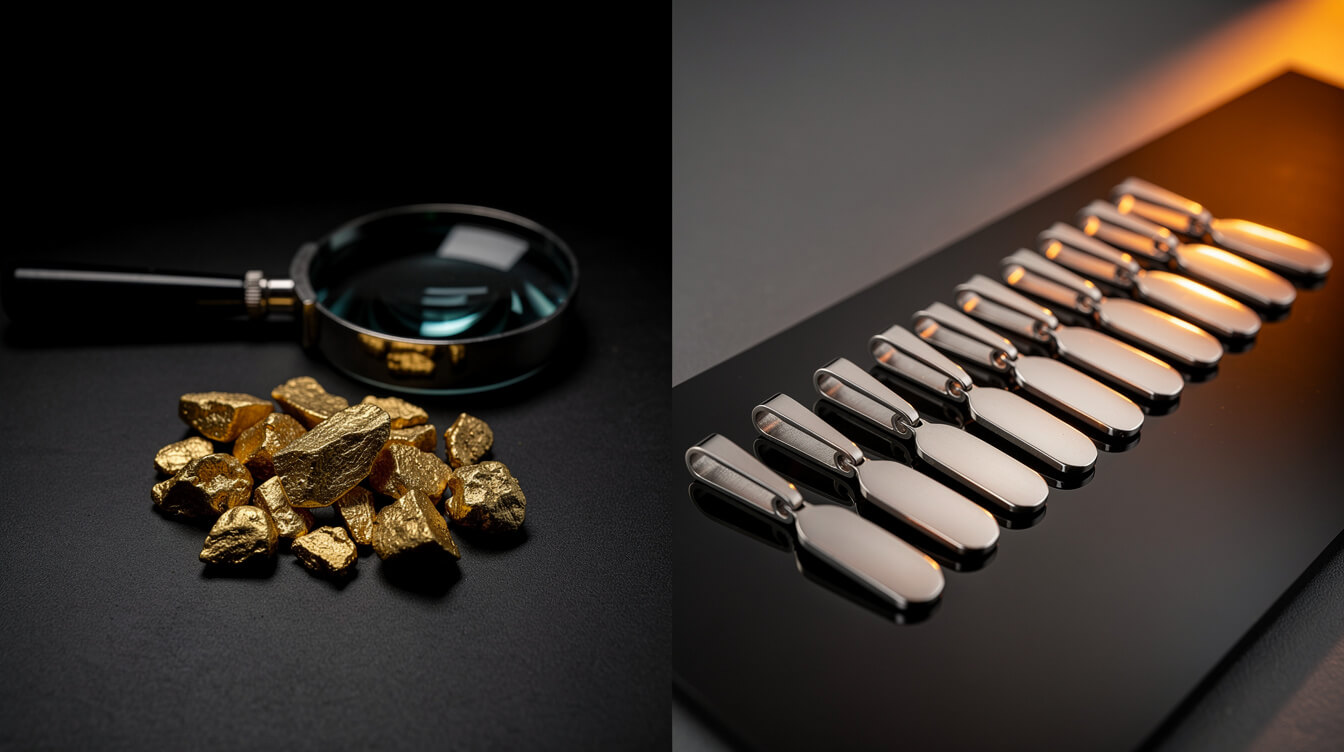 Bespoke gold jewelry compared with engraved stainless steel POD pendants