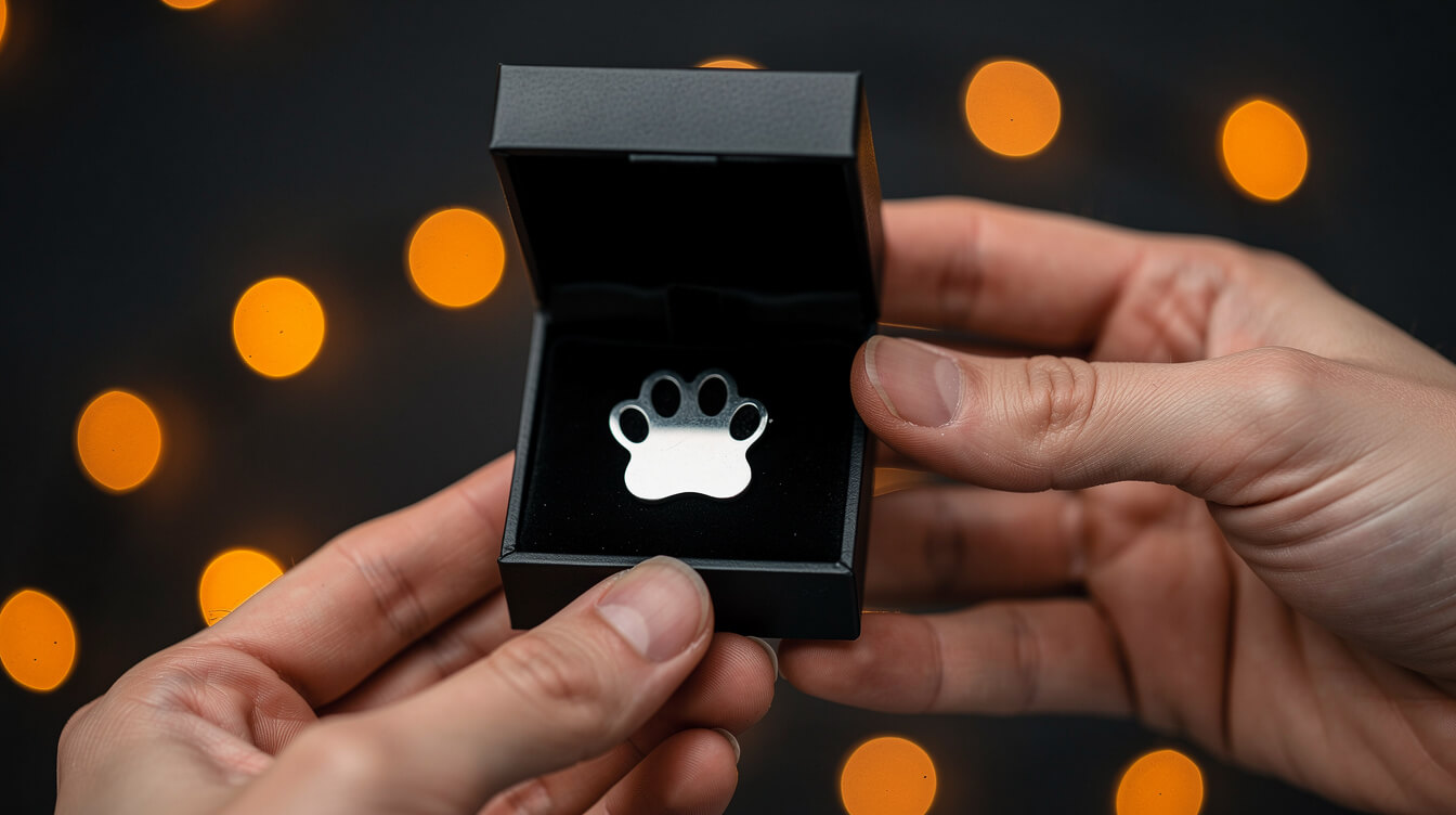 Gift exchange of a custom jewelry paw pendant in a black box