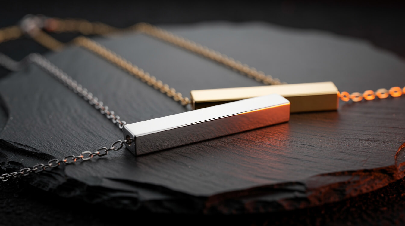 custom name necklace blank steel and gold-tone bars on slate