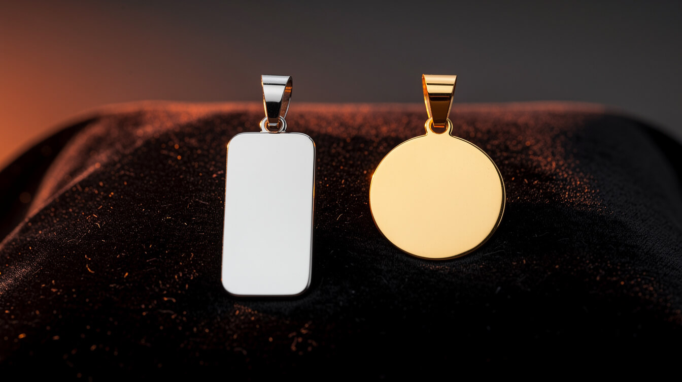 Blank stainless steel tag and gold-tone circle pendants ready for engraving