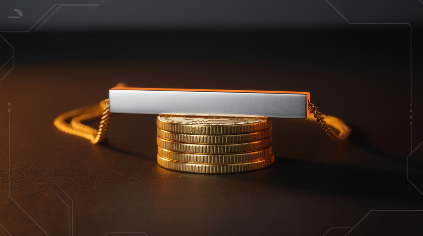 Stainless steel bar necklace resting on a stack of gold coins