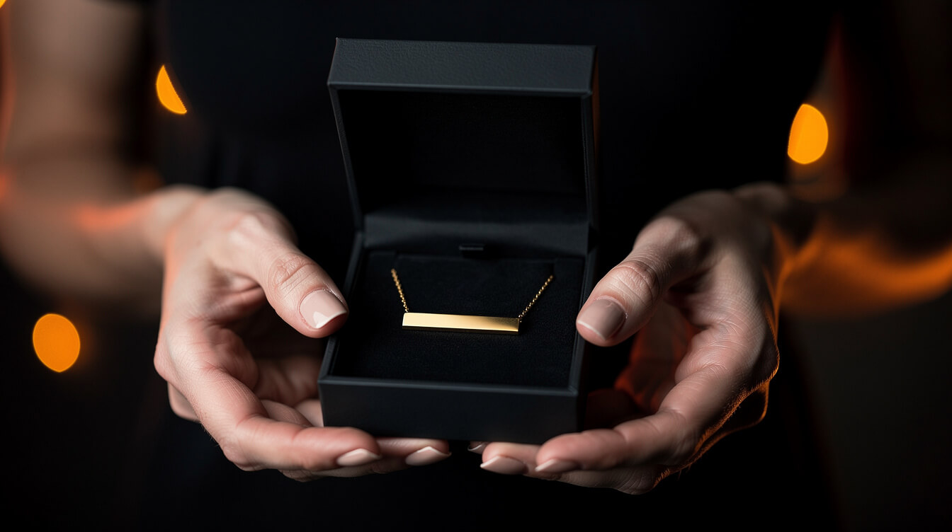 Hands opening a black gift box with a blank gold-tone bar necklace