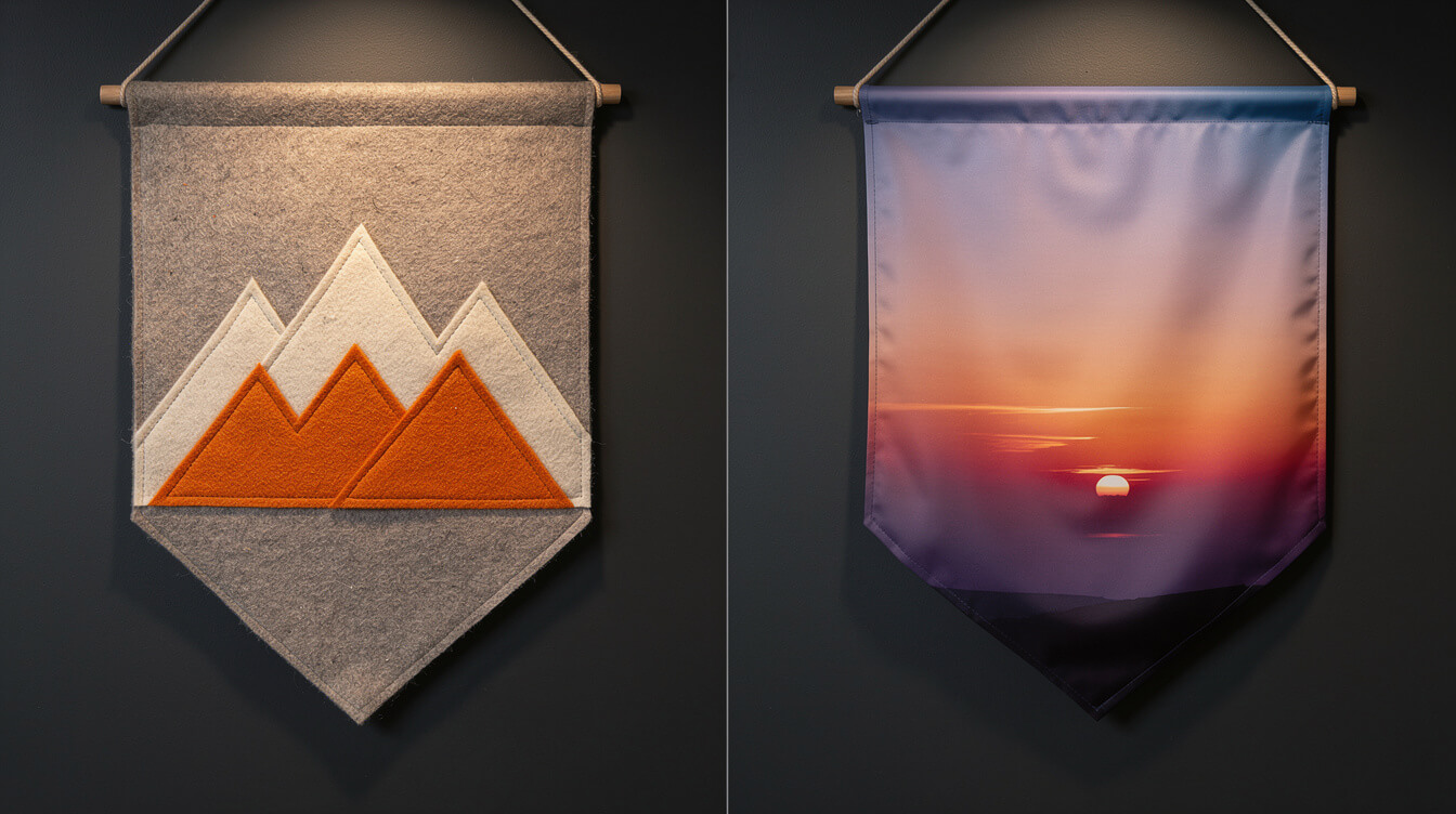 felt appliqué pennant beside a sublimated polyester pennant