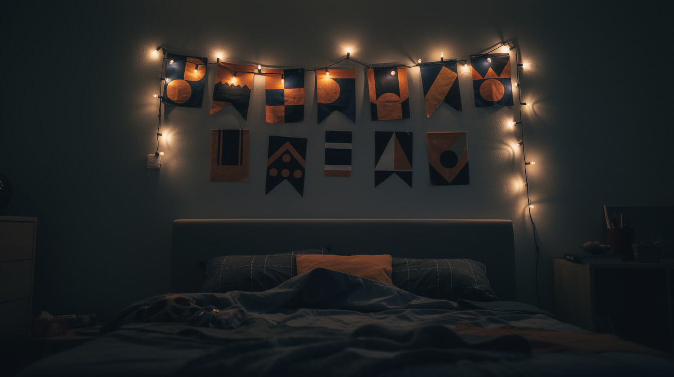 bedroom wall decorated with abstract geometric pennants