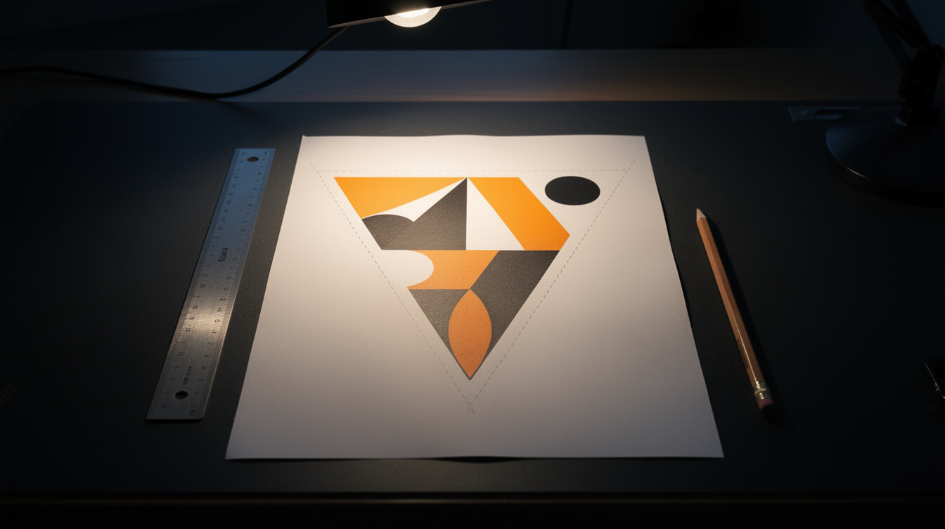 pennant design layout with triangular safe zone on a designer's desk