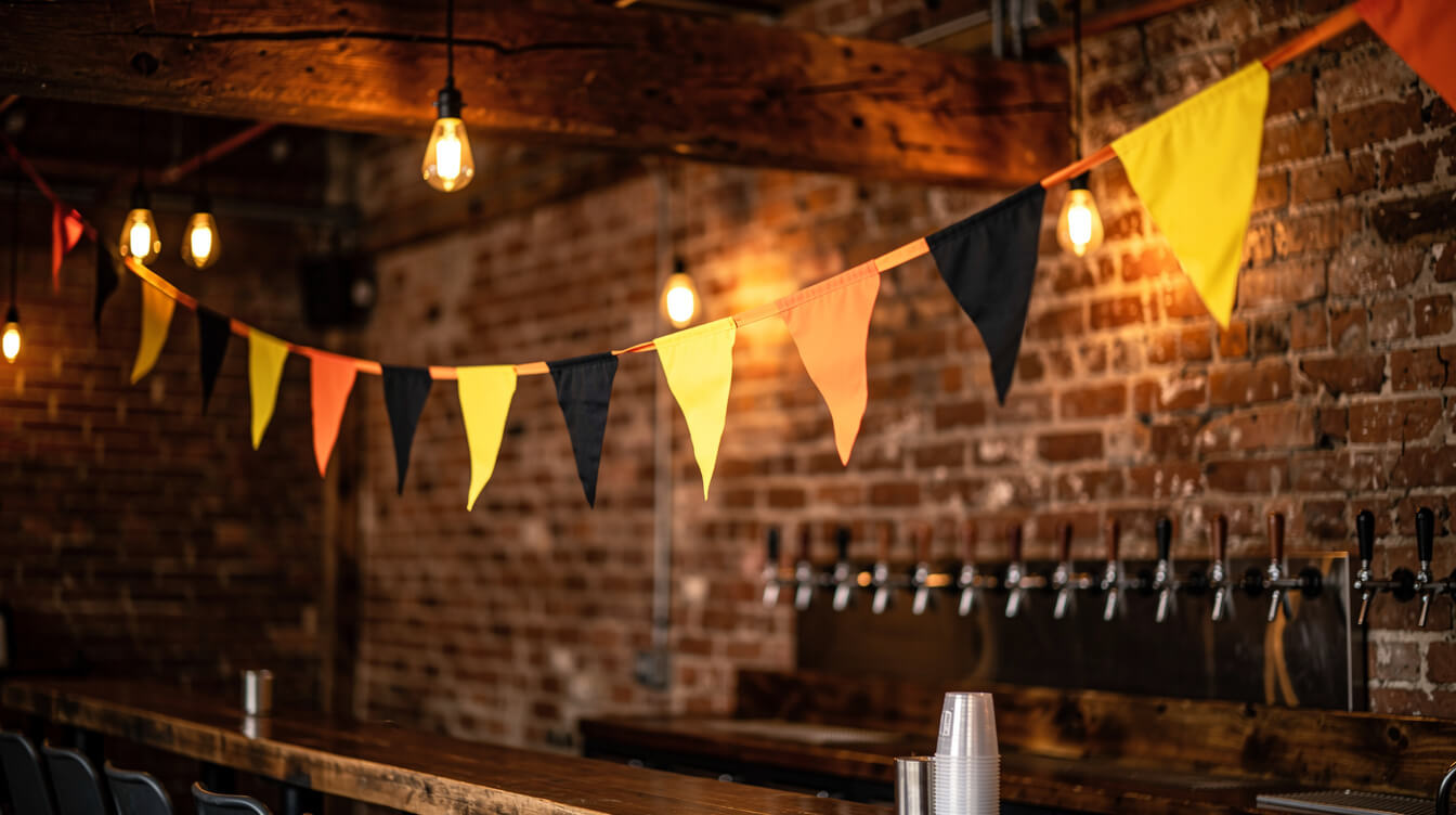string of orange black and yellow pennants in a brewery taproom