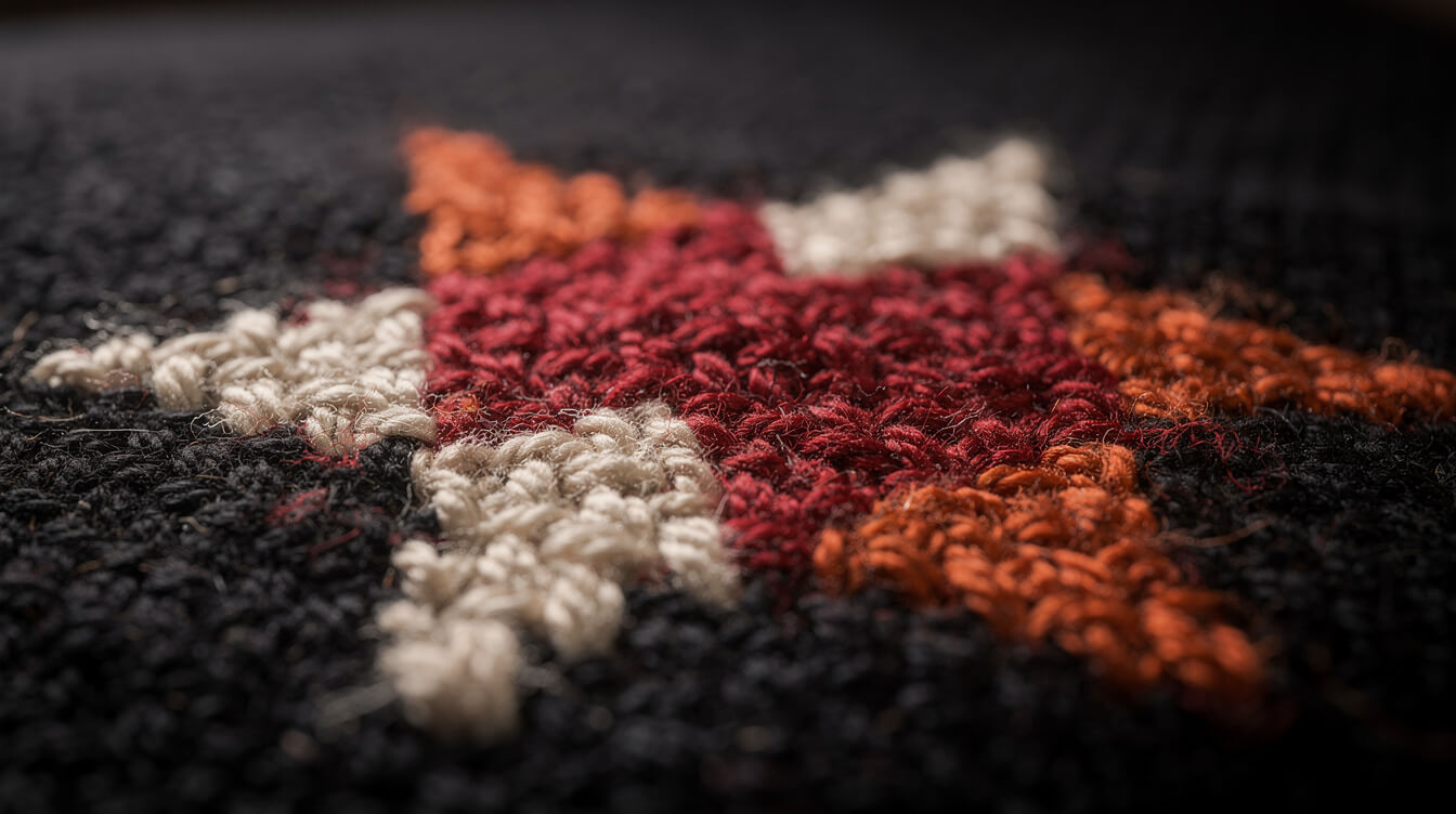 macro of jacquard knit stitches in four yarn colors forming a pixel star