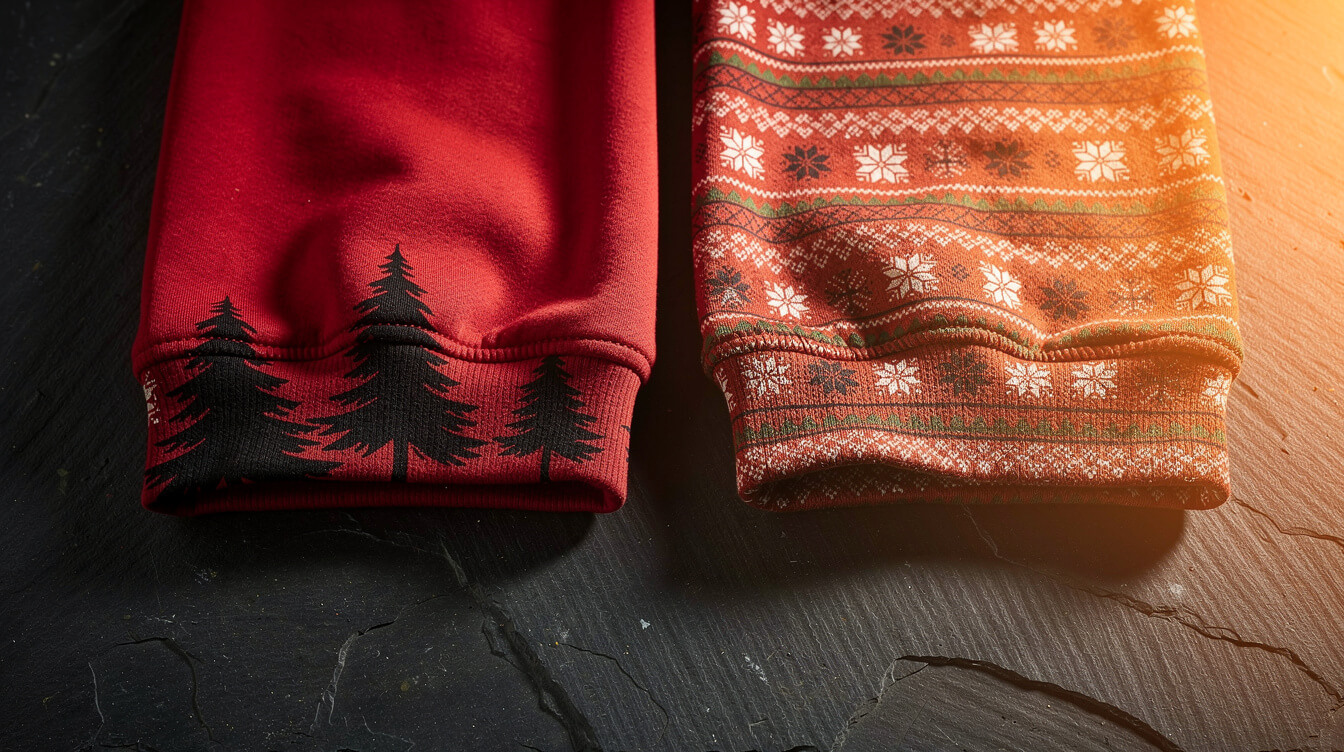 red printed sweatshirt hem beside an all-over print knit-look sweatshirt