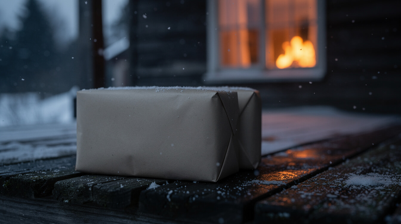 plain kraft paper parcel on a snowy porch at dusk