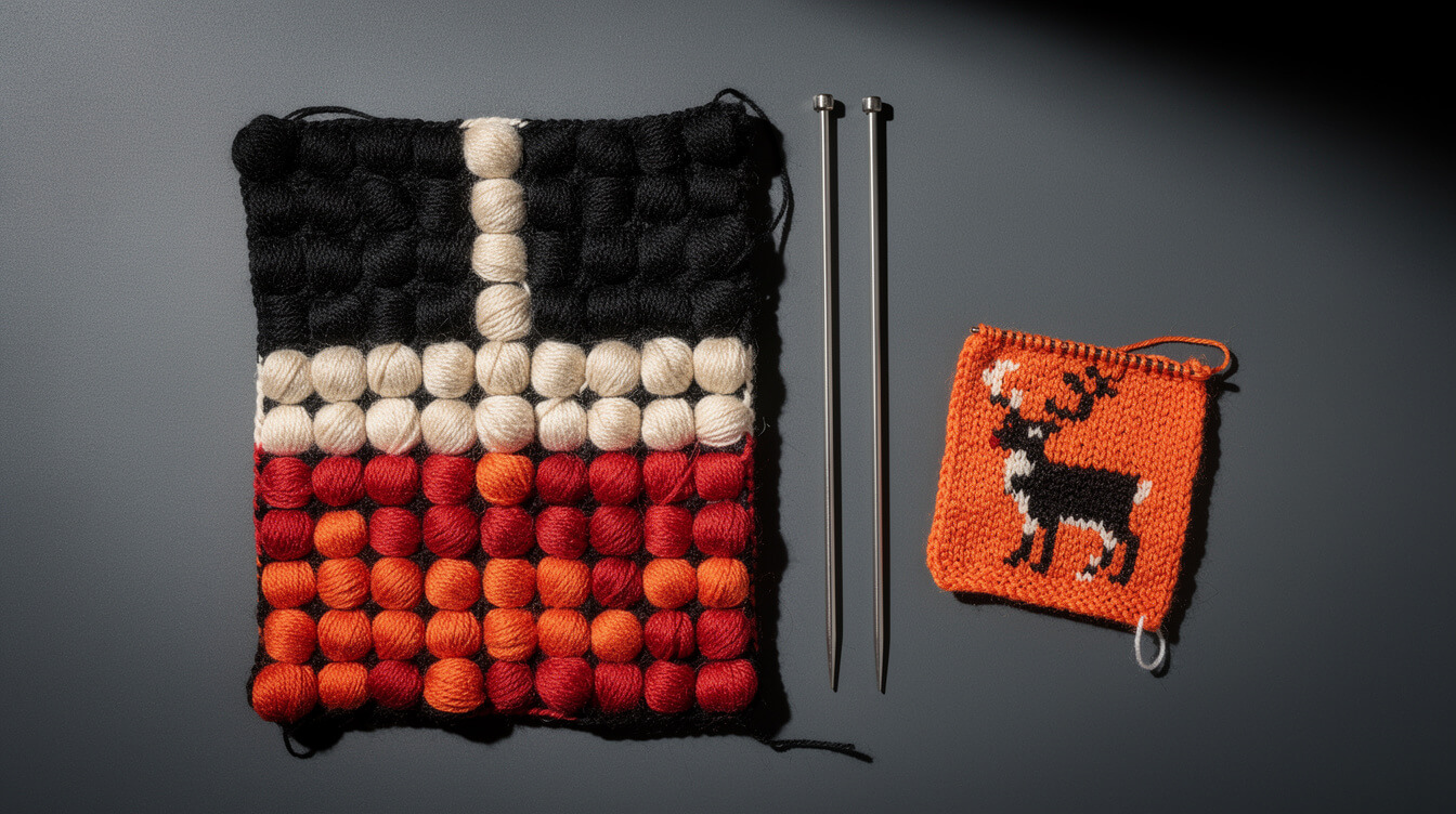yarn balls arranged in a pixel grid beside a knitted reindeer swatch