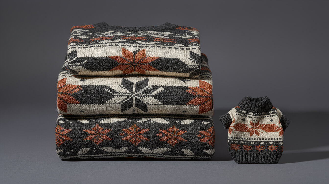 stack of matching knit holiday sweaters in descending sizes with a small dog sweater