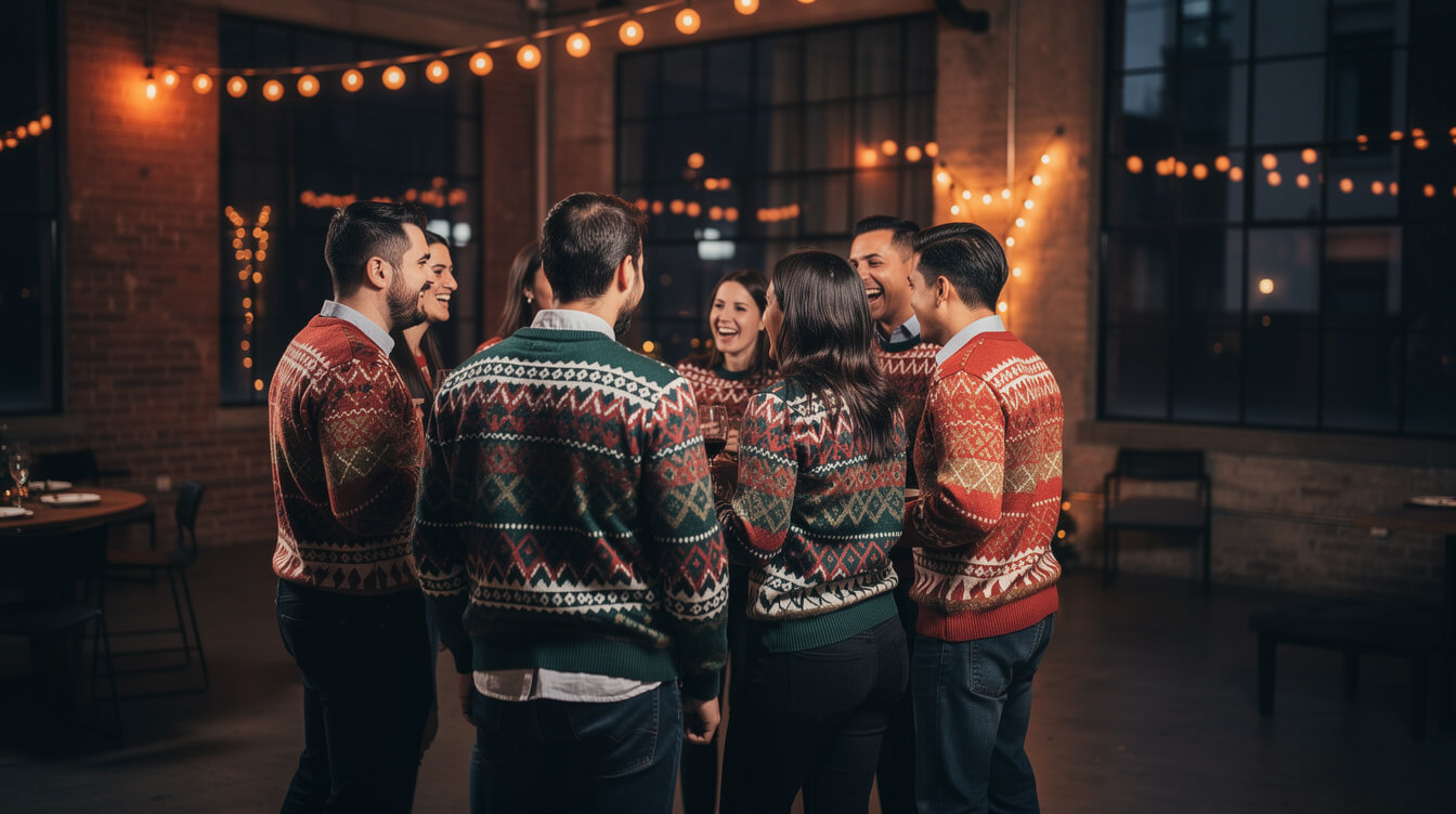 coworkers in matching knit holiday sweaters at an office party