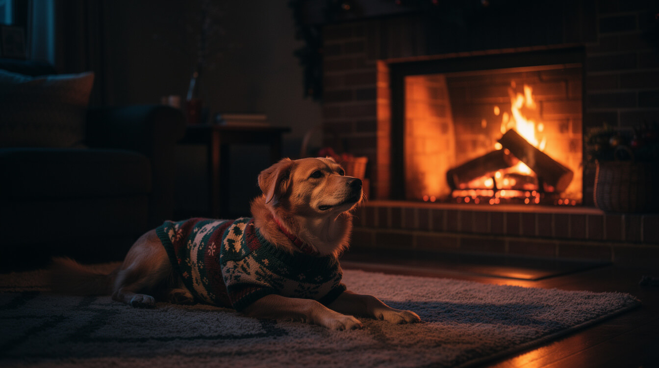 dog in a knitted holiday sweater lying beside a fireplace