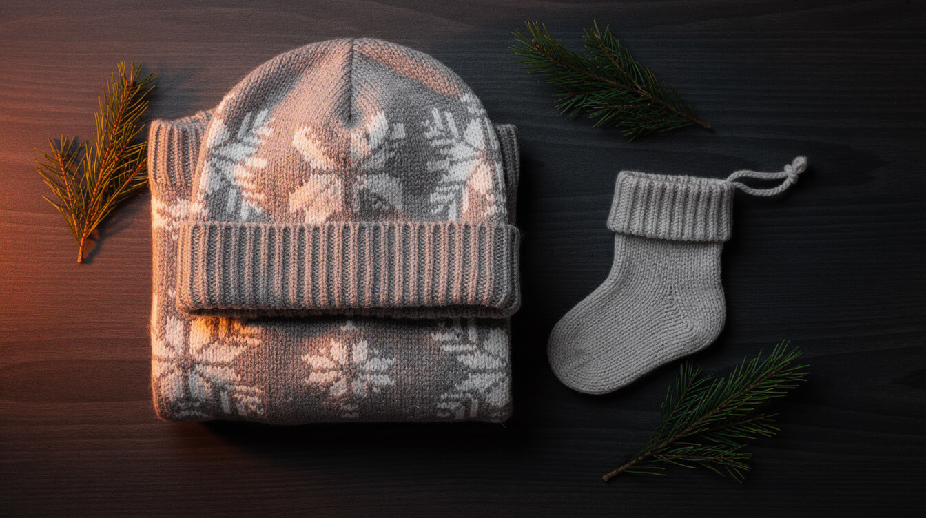 knit holiday beanie on a matching sweater beside a small knitted stocking