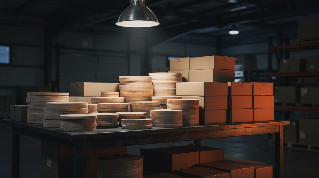 stacks of blank birch discs at a print on demand fulfillment station