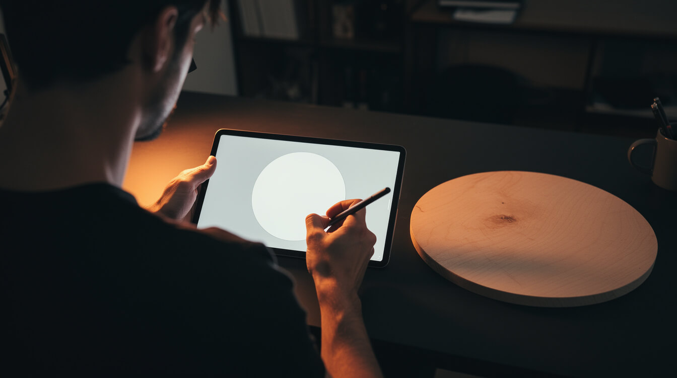 seller preparing a circular sign template on a tablet next to a raw birch disc