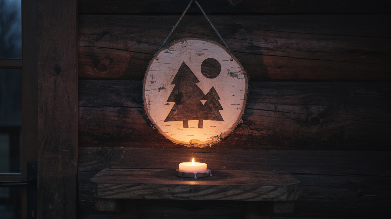 round birch wood sign with pine forest graphic hanging in a dark cabin