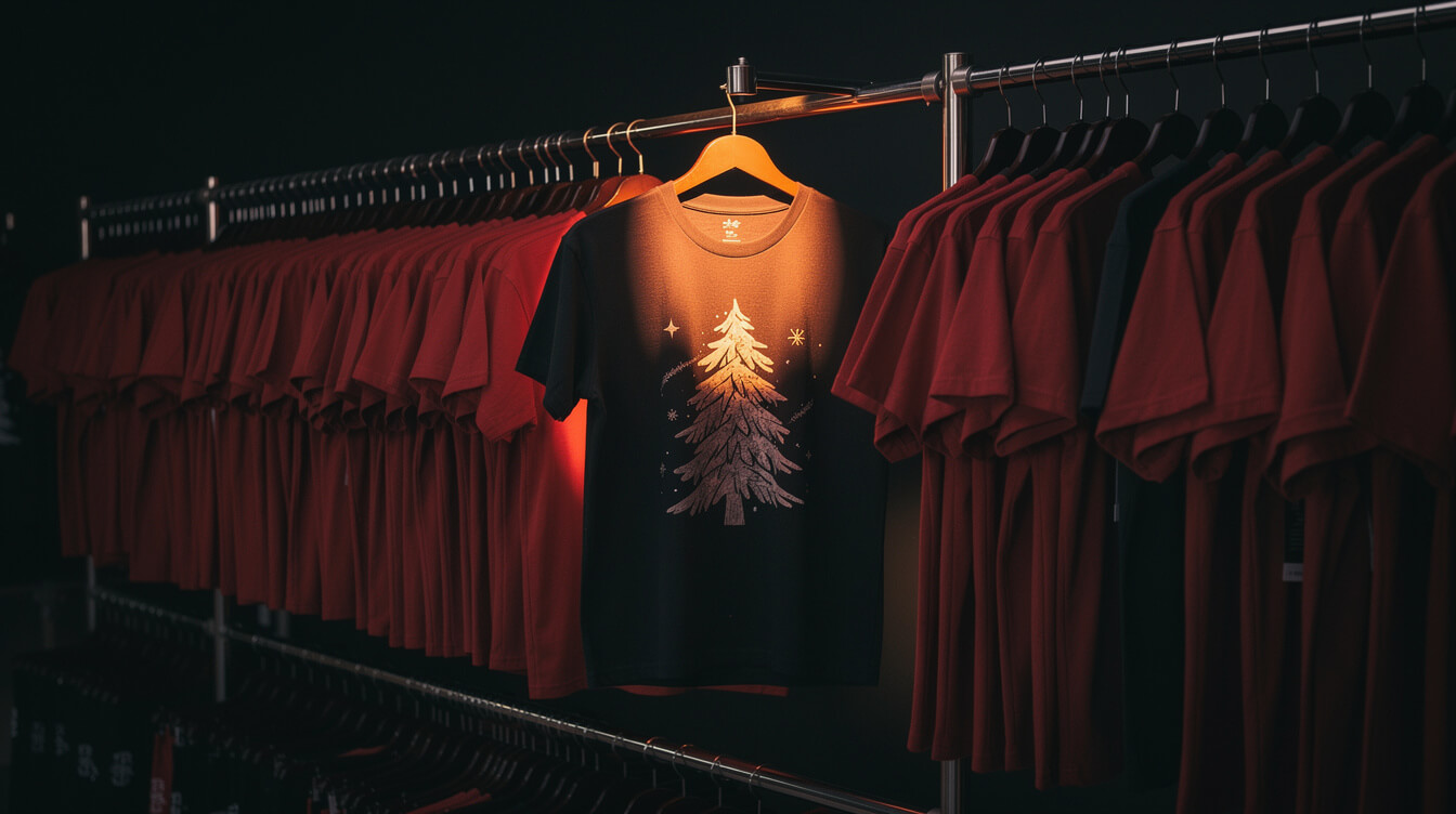 a single personalized christmas shirt standing out from a rack of generic holiday tees