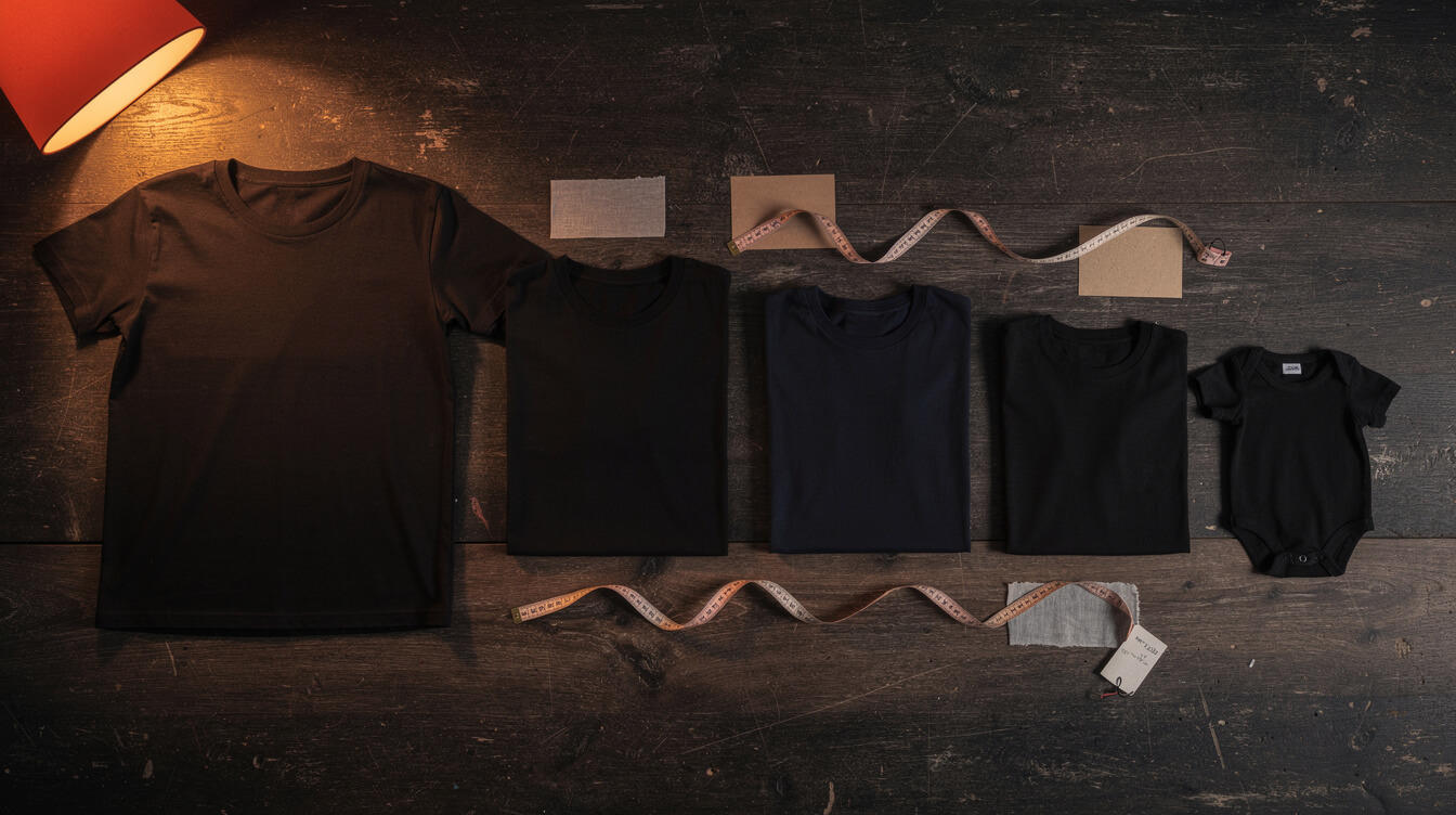 adult, youth, toddler, and baby shirts laid out as one family set