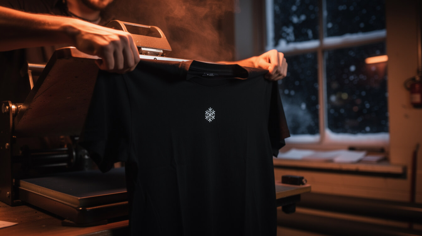 a black christmas shirt coming off a heat press during the Q4 rush
