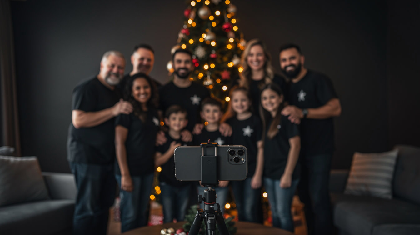 a family in matching black christmas shirts posing for a holiday photo