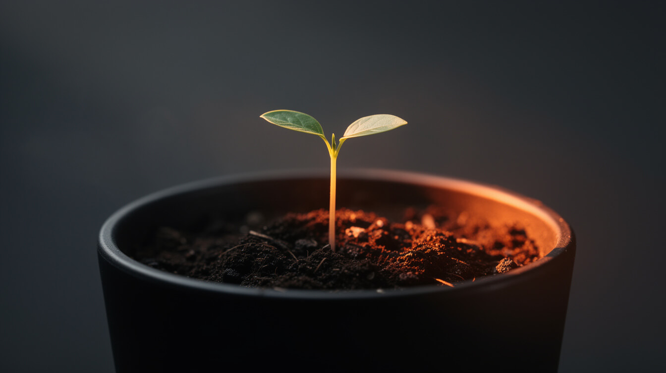 seedling in dark soil lit by an orange beam, a metaphor for search indexing lag