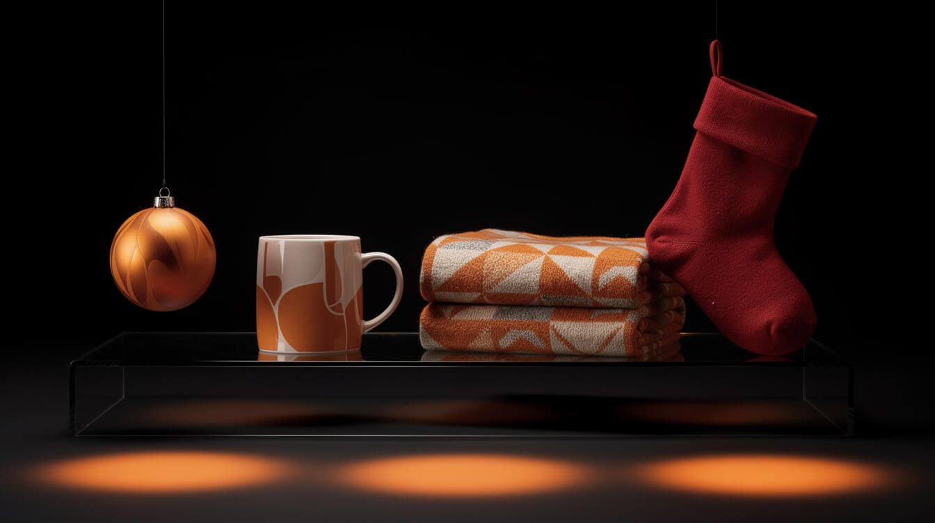 print on demand holiday products lineup of ornament, mug, socks, blanket, and stocking under orange spotlights