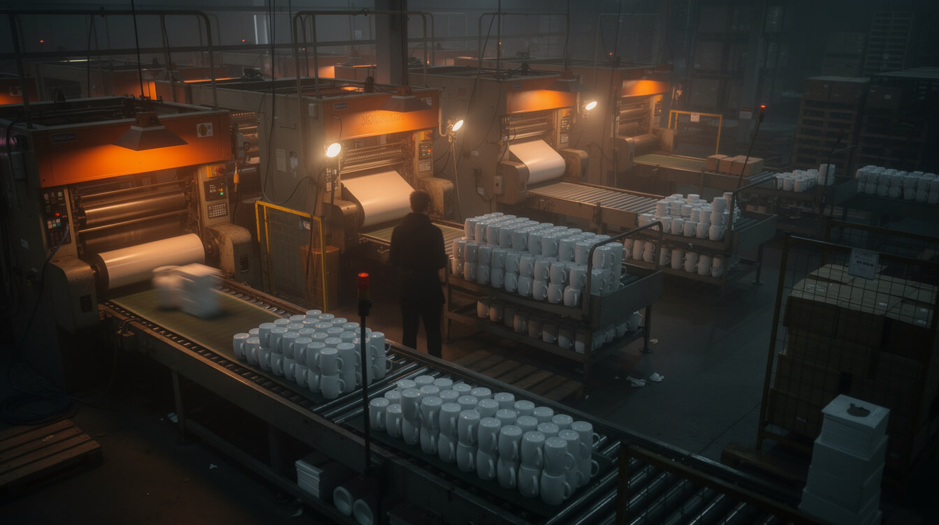 print production floor at night with heat presses and stacked mug blanks during peak season