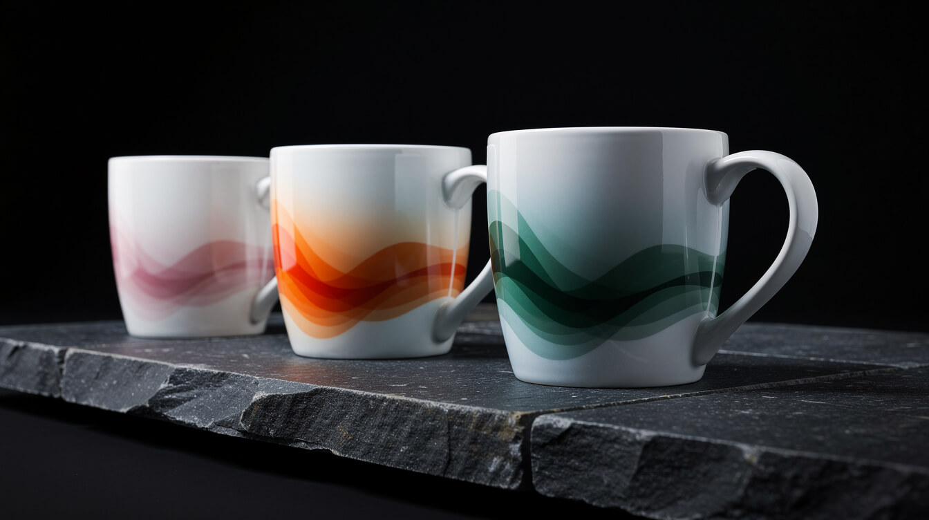 three white mugs with the same abstract wave pattern in seasonal colors