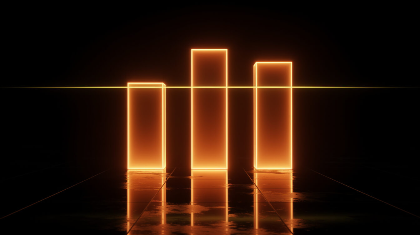 three glowing orange bars rising with a yellow line slicing the top of each, representing a percentage fee