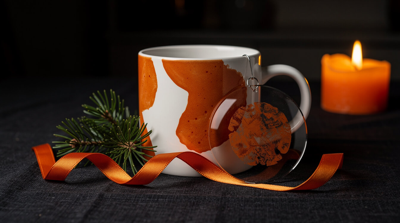 gift bundle of a patterned mug and a clear acrylic ornament with pine and ribbon