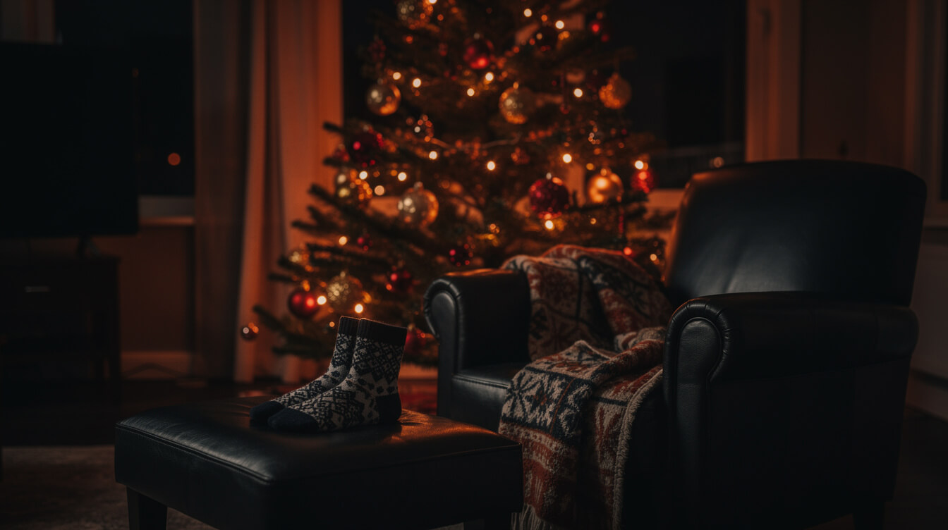 dark living room with a glowing tree, a patterned throw blanket, and crew socks